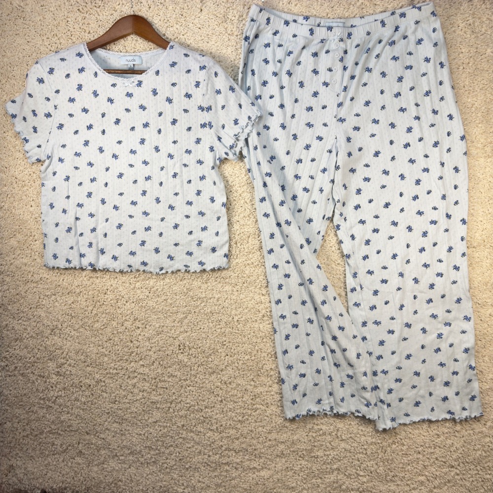 nuuds Pointelle Pajama Set Womens XL Blue Floral 100% Cotton Ditsy Lounge